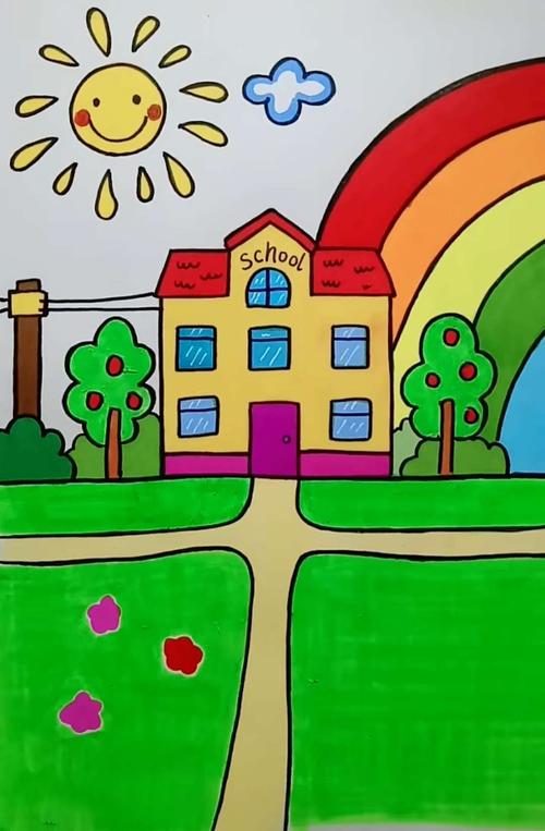 美丽的校园简笔画带颜色(一二三年级美丽的校园简笔画)(4)