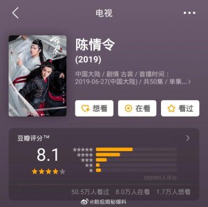 ​肖战 王一博 主演的电视剧《陈情令》豆瓣评分从4.8一路逆袭攀升至8